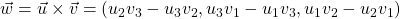 \vec{w} = \vec{u} \times \vec{v} = (u_2v_3 - u_3v_2,  u_3v_1 - u_1v_3, u_1v_2 - u_2v_1)