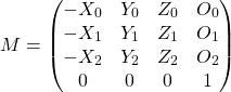 \[M = \begin{pmatrix} -X_0 & Y_0 & Z_0 & O_0 \\ -X_1 & Y_1 & Z_1 & O_1 \\ -X_2 & Y_2 & Z_2 & O_2 \\ 0 & 0 & 0 & 1 \end{pmatrix}\]